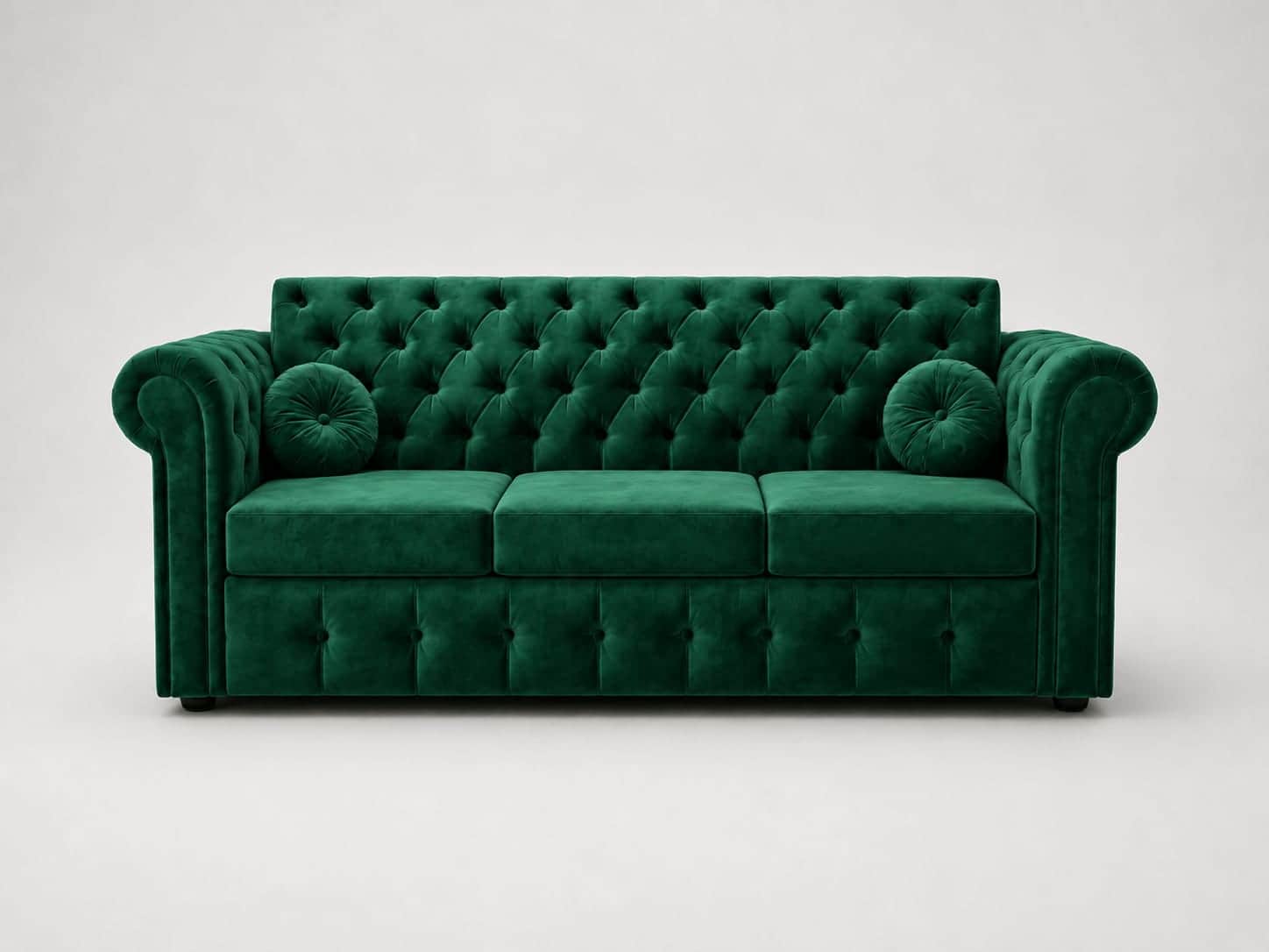 A luxurious emerald green velvet Chesterfield sofa with deep button tufting on the backrest, rolled… — 3D model