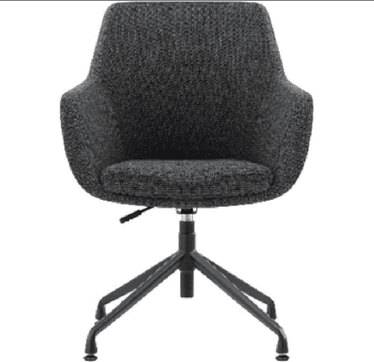 A contemporary upholstered desk chair featuring a dark gray textured fabric seat and back, supported by a black five-star swivel base with glides and a height adjustment lever. — 3D model