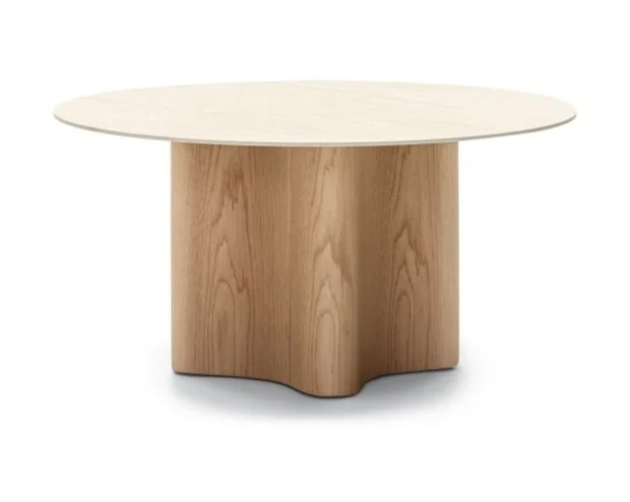 A modern round dining table featuring a light-colored, possibly bleached wood or composite, tabletop and a natural wood pedestal base. The base has a unique, organic, fluted or clover-leaf shape, giving it a distinctive sculptural quality. — 3D model