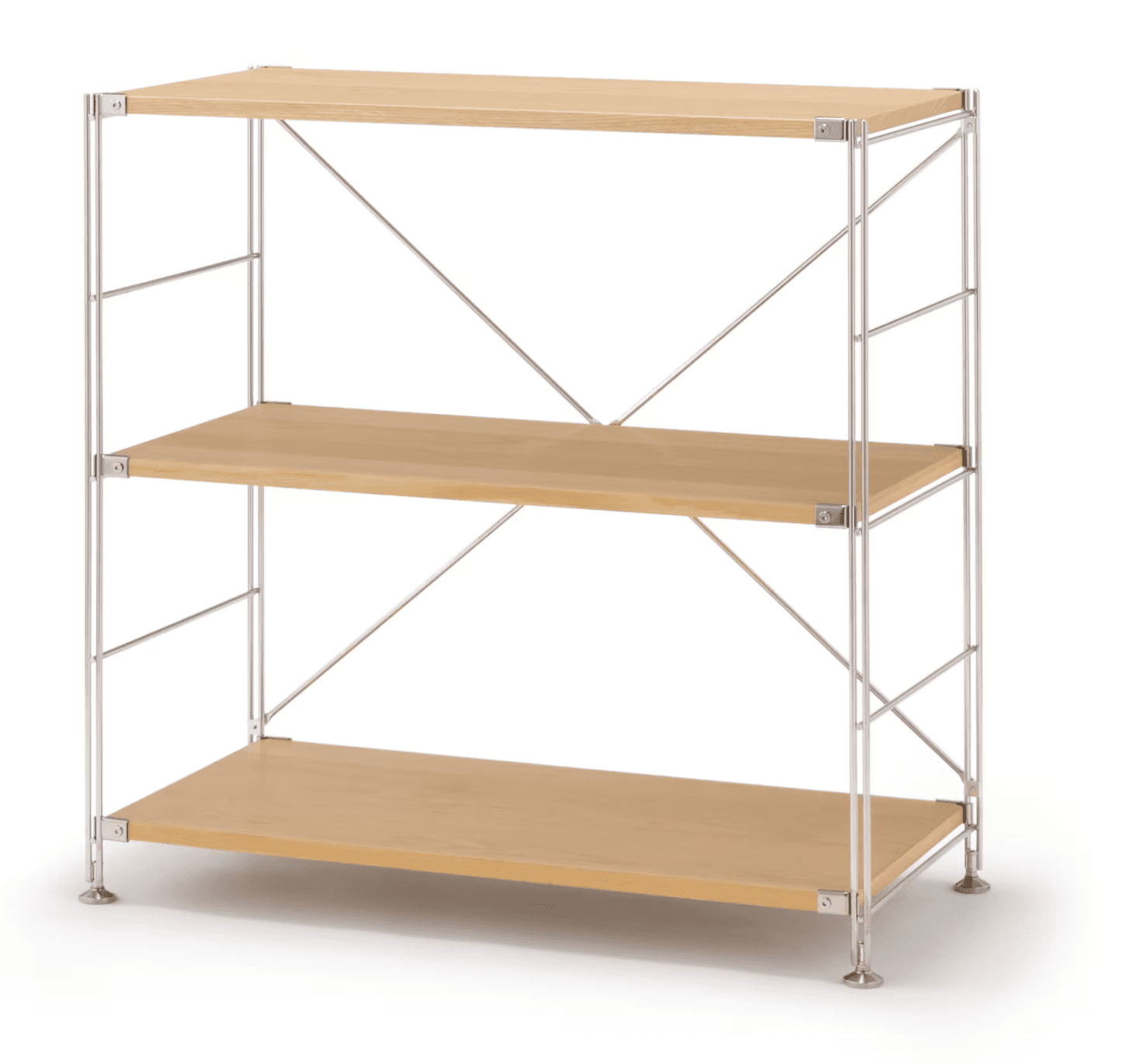 A three-tier shelving unit featuring light-colored wooden shelves supported by a slender polished metal frame with X-bracing. The design is modern and minimalist. — 3D model