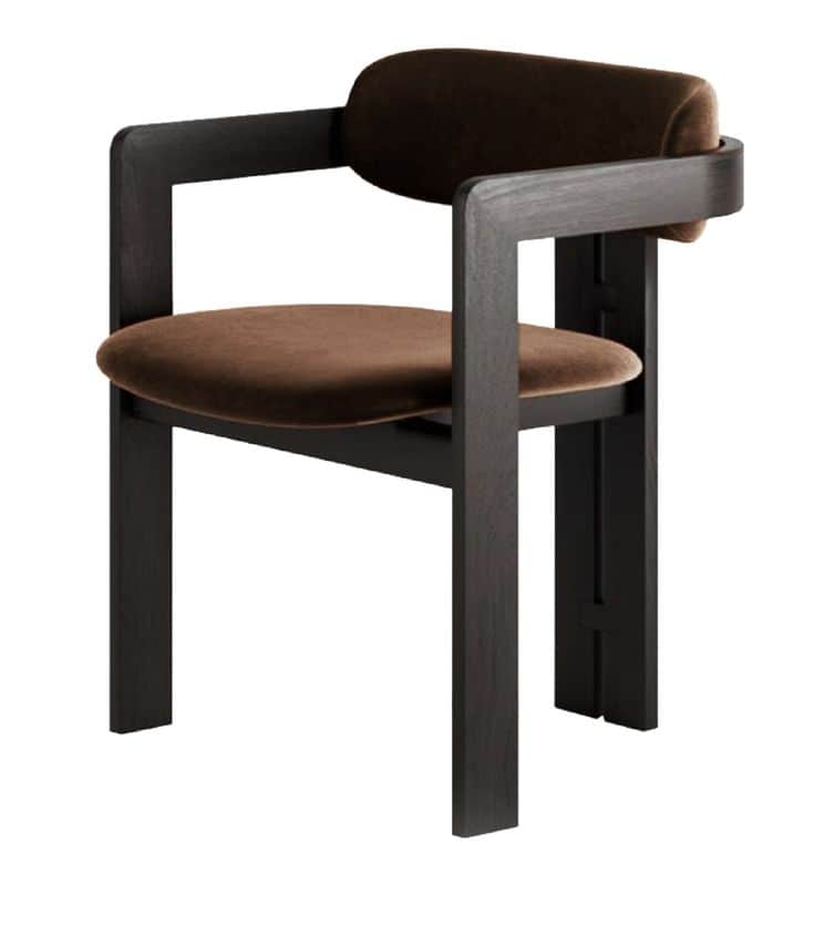 A contemporary armchair featuring a dark-stained wooden frame with integrated armrests and a distinc… — free STL 3D model