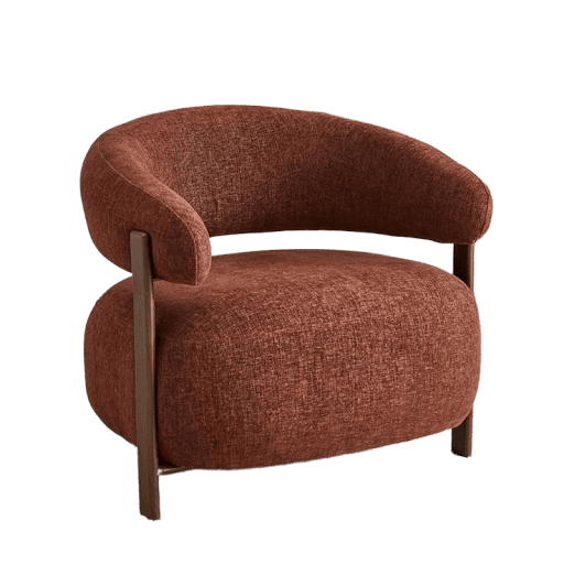 A contemporary lounge chair featuring soft, rounded upholstered forms and a minimalist exposed wooden frame. The chair is upholstered in a textured rust-colored fabric, covering the seat, backrest, and integrated armrests. The dark-stained wooden frame supports the back and extends to form the legs. — 3D model