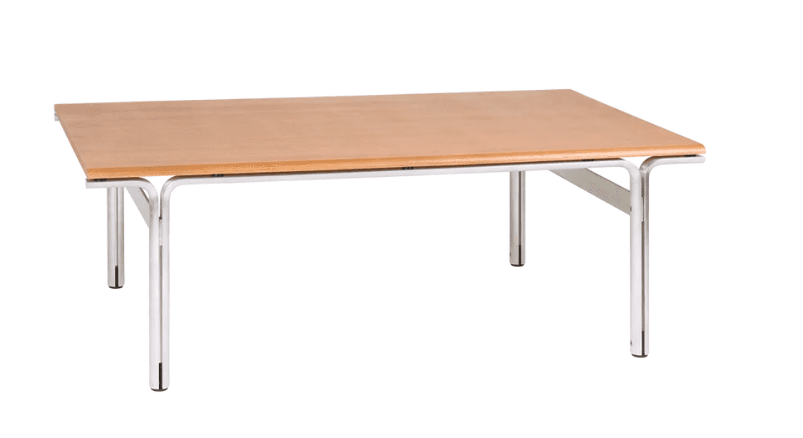 A modern rectangular coffee table featuring a light-toned plywood top resting on a minimalist tubula… — 3D model