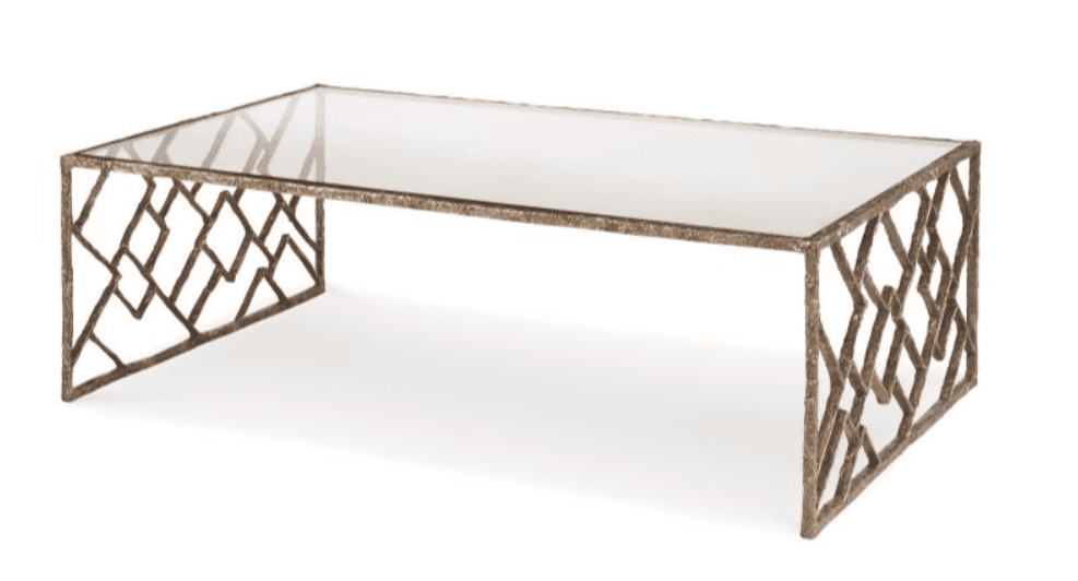 A rectangular coffee table with a glass top and a metallic base. The base features an intricate, geo… — 3D model