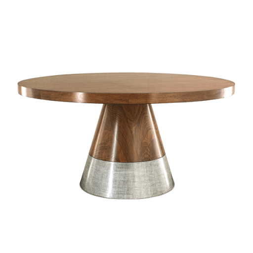 A round dining table with a pedestal base. The tabletop is made of wood with a visible grain pattern. The pedestal base is conical in shape, transitioning from a wood section with a strong grain to a metallic section at the bottom. — 3D model