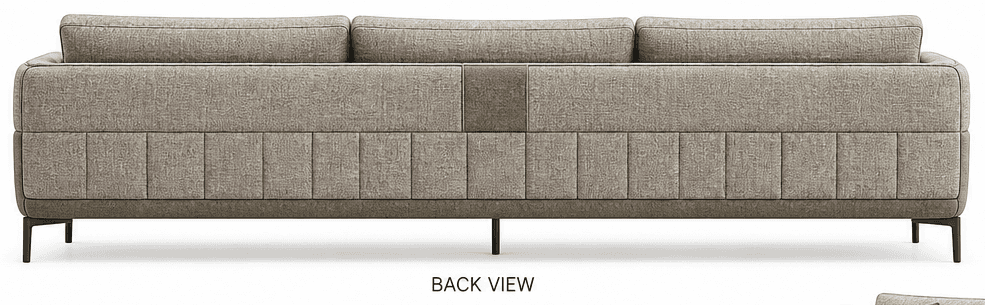 A contemporary three-seater sofa, viewed from the back. It features a neutral-toned fabric upholster… — free GLTF 3D model