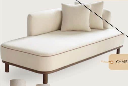 A contemporary chaise lounge featuring light cream bouclé-like upholstery with dark piping, supporte… — 3D model