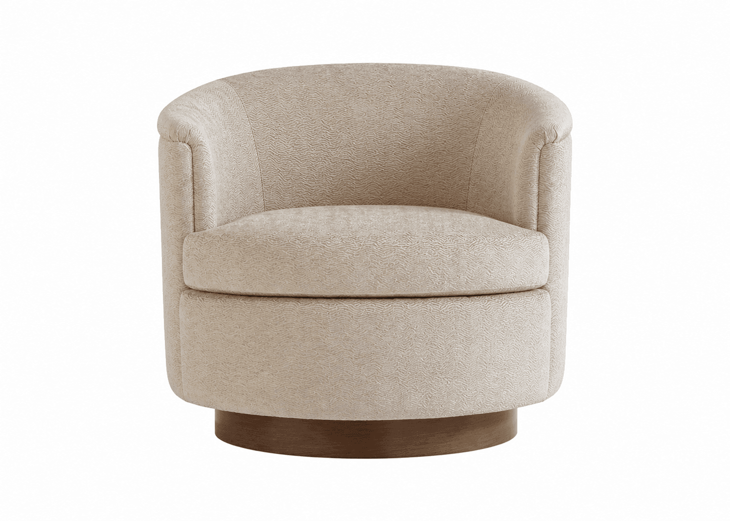 A swivel armchair with a rounded back and arms, upholstered in a textured fabric. The base is a circular wooden plinth. — 3D model