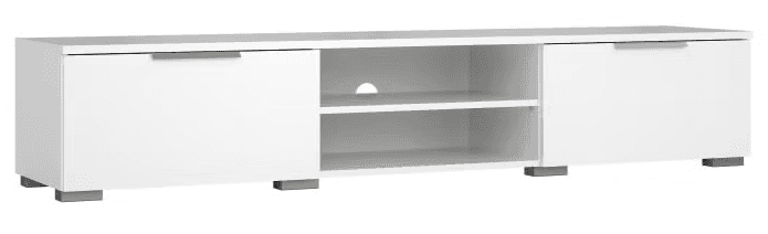 A modern, minimalist white media console featuring two side cabinets with flat panel doors and reces… — 3D model