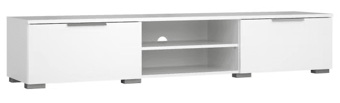 A modern, minimalist white media console featuring two side cabinets with flat panel doors and recessed pull handles. The central section provides two open shelves, including a circular cutout in the back panel for cable management. The entire unit is supported by short, rectangular grey feet. — 3D model