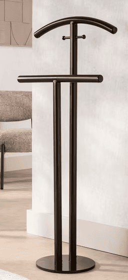 A dark bronze or black metal valet stand featuring a sturdy circular base, a single central vertical… — 3D model