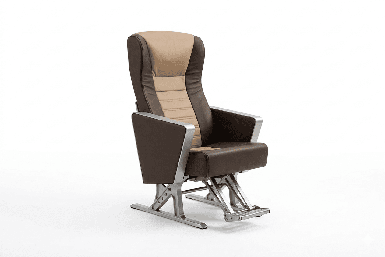 A modern armchair with a high back, featuring a two-tone upholstery of dark brown and light tan leather. The chair has padded sections on the backrest and seat. It incorporates metallic armrests with a silver finish and a unique, articulated metallic base that appears to be a reclining or adjustable mechanism. The overall design is sleek and contemporary. — 3D model