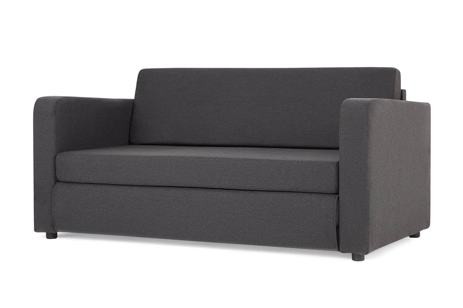 A dark gray sofa bed with a modern, minimalist design. It features straight lines, blocky arms, and… — 3D model