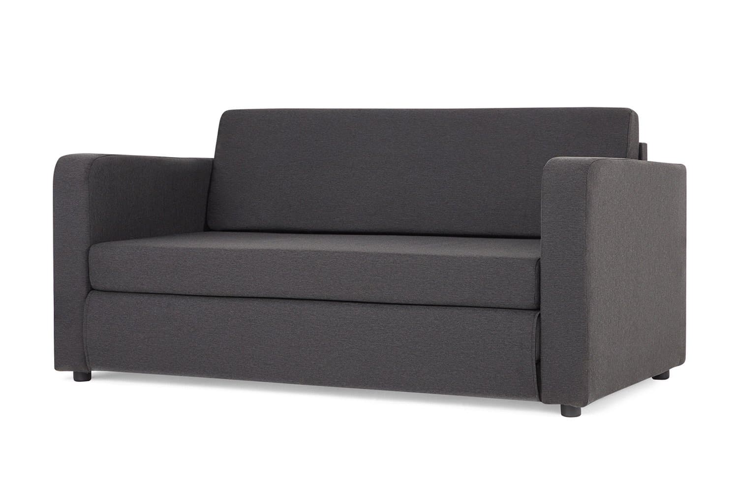 A dark gray sofa bed with a modern, minimalist design. It features straight lines, blocky arms, and a two-cushion seat with a distinct separation from the lower section, suggesting it can transform into a bed. The upholstery appears to be a textured fabric. — 3D model