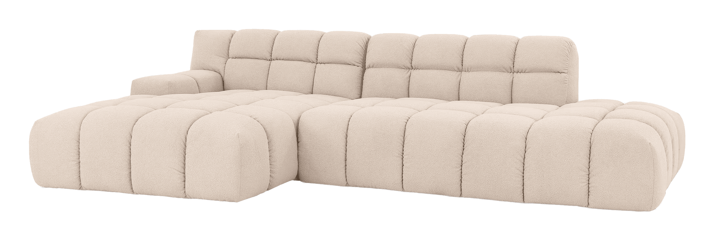 A large, L-shaped contemporary sectional sofa featuring an integrated chaise lounge, upholstered in a light beige boucle fabric with a distinctive channel-tufted design. — 3D model
