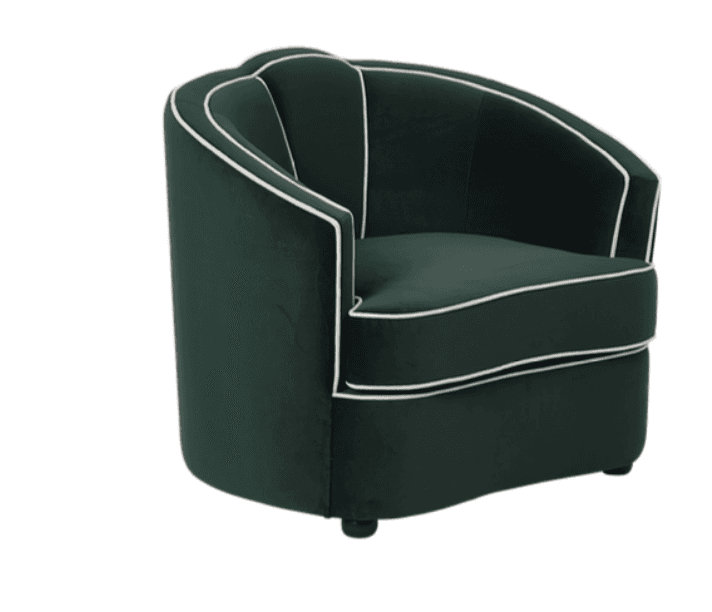 A dark green velvet barrel-shaped accent chair featuring distinctive white piping along its contours and a vertically fluted backrest. — 3D model