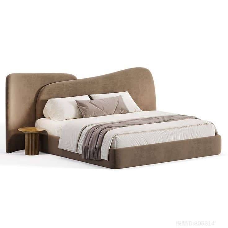 A contemporary upholstered platform bed featuring a distinctive, organically shaped headboard in a w… — free BLEND 3D model