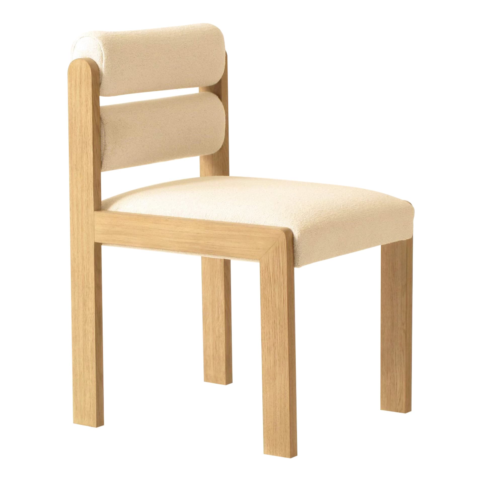 A modern dining chair featuring a light-toned wooden frame and cream-colored fabric upholstery. The chair has a square-shaped upholstered seat and a distinctive backrest composed of two horizontal, cylindrical upholstered cushions integrated into the wooden frame. The frame consists of straight, square-profile legs and crossbars. — 3D model