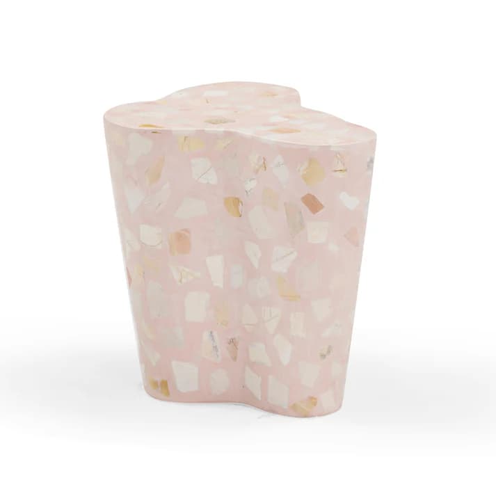 A small, solid end table with an organic, cloud-like top shape. The table has a tapering profile from top to bottom and features a terrazzo-like finish. — 3D model