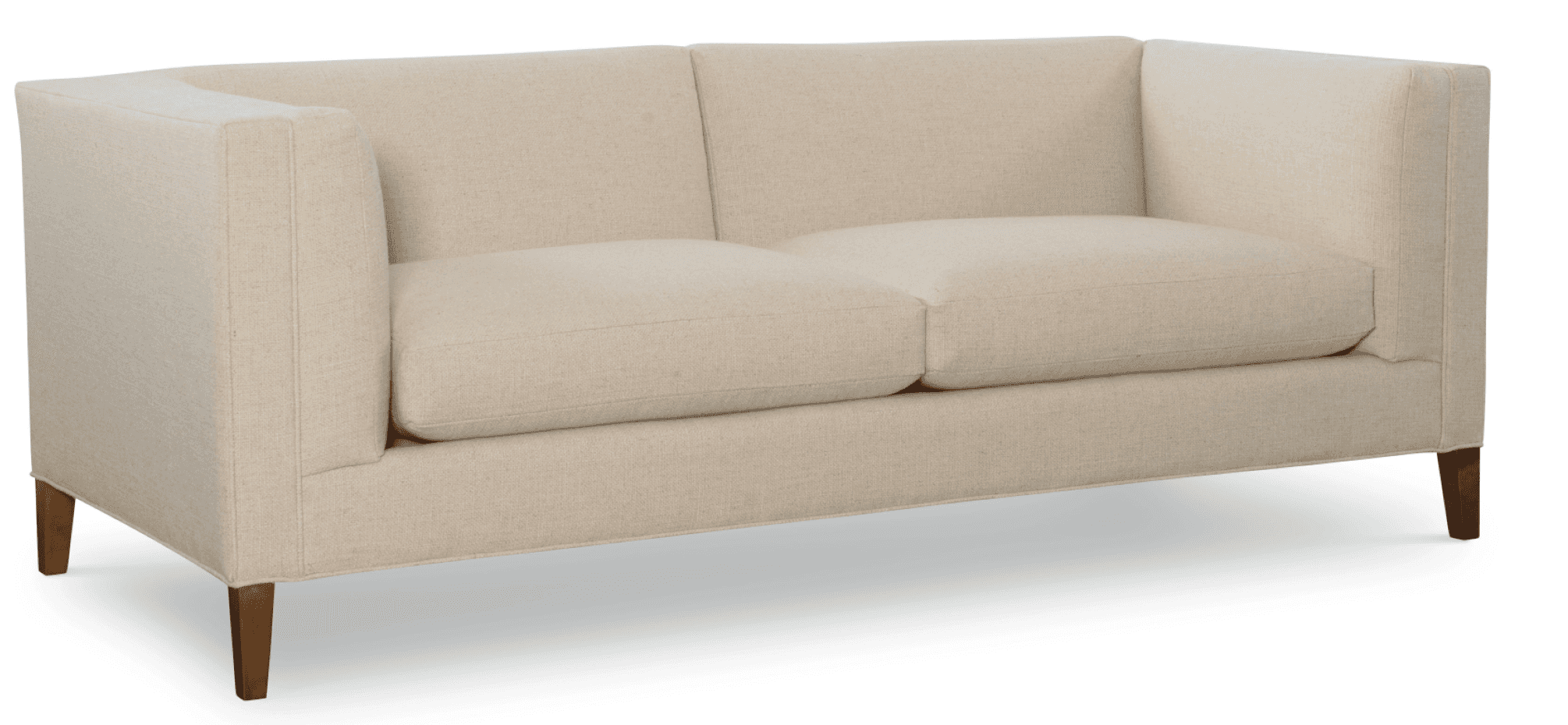 A contemporary two-seater sofa upholstered in a light-colored, possibly cream or beige, fabric. It f… — 3D model