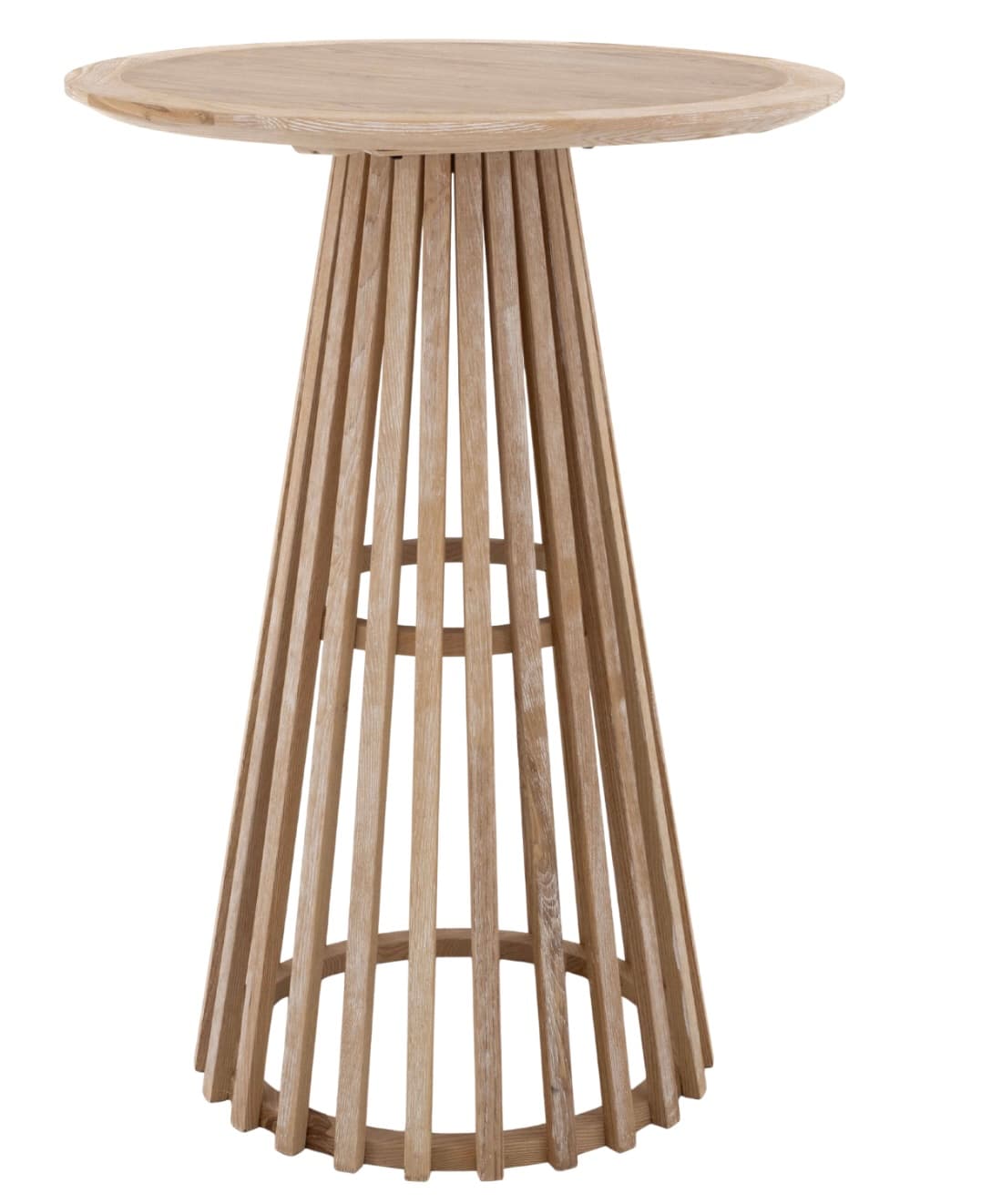 A bar-height table featuring a round, washed oak top and a conical base constructed from vertical oak slats, creating an open, architectural form. — 3D model