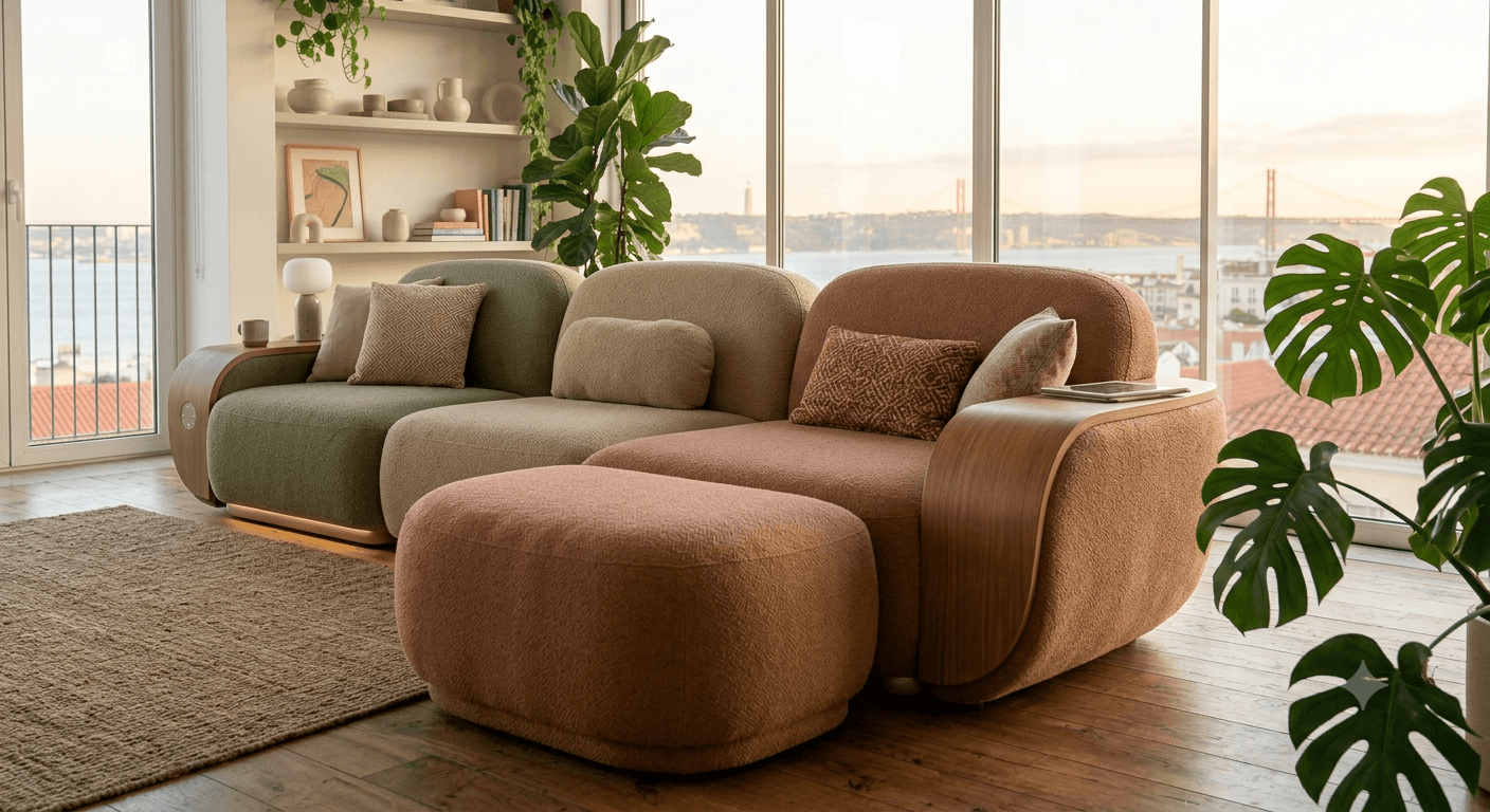 A contemporary modular sectional sofa featuring rounded, organic forms. The sofa is composed of thre… — 3D model