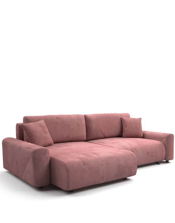 A sectional sofa with a chaise lounge. The sofa is upholstered in a pink corduroy fabric. It feature… — free GLTF 3D model