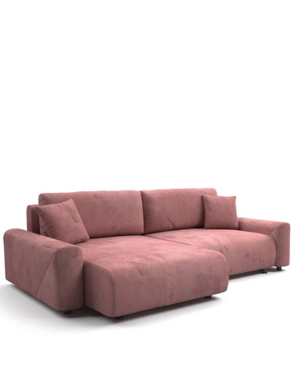 A sectional sofa with a chaise lounge. The sofa is upholstered in a pink corduroy fabric. It features a low profile design with thick cushions and wide armrests. One armrest has a distinctive angled design. The sofa includes two accent pillows. — 3D model