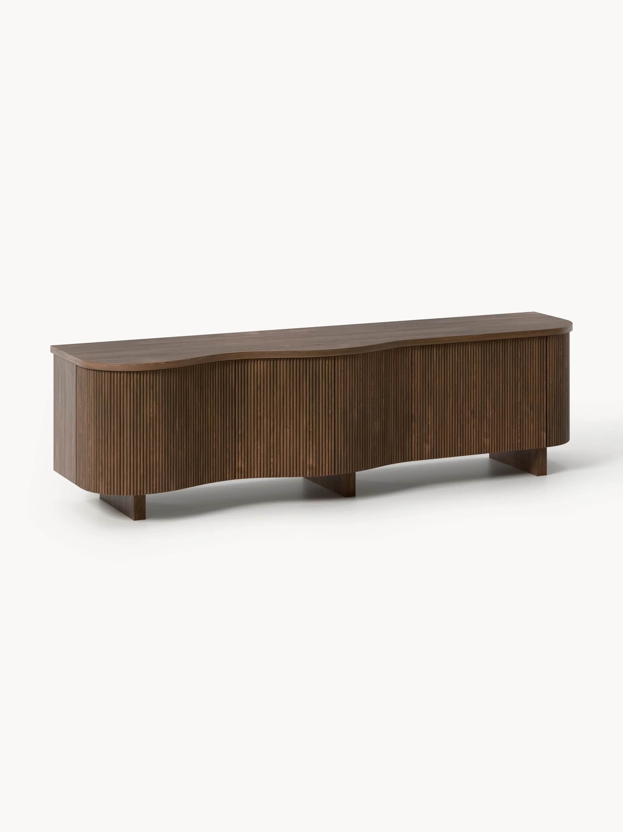 A long, low, contemporary wooden console or credenza featuring a distinctive wavy top edge and a fro… — 3D model