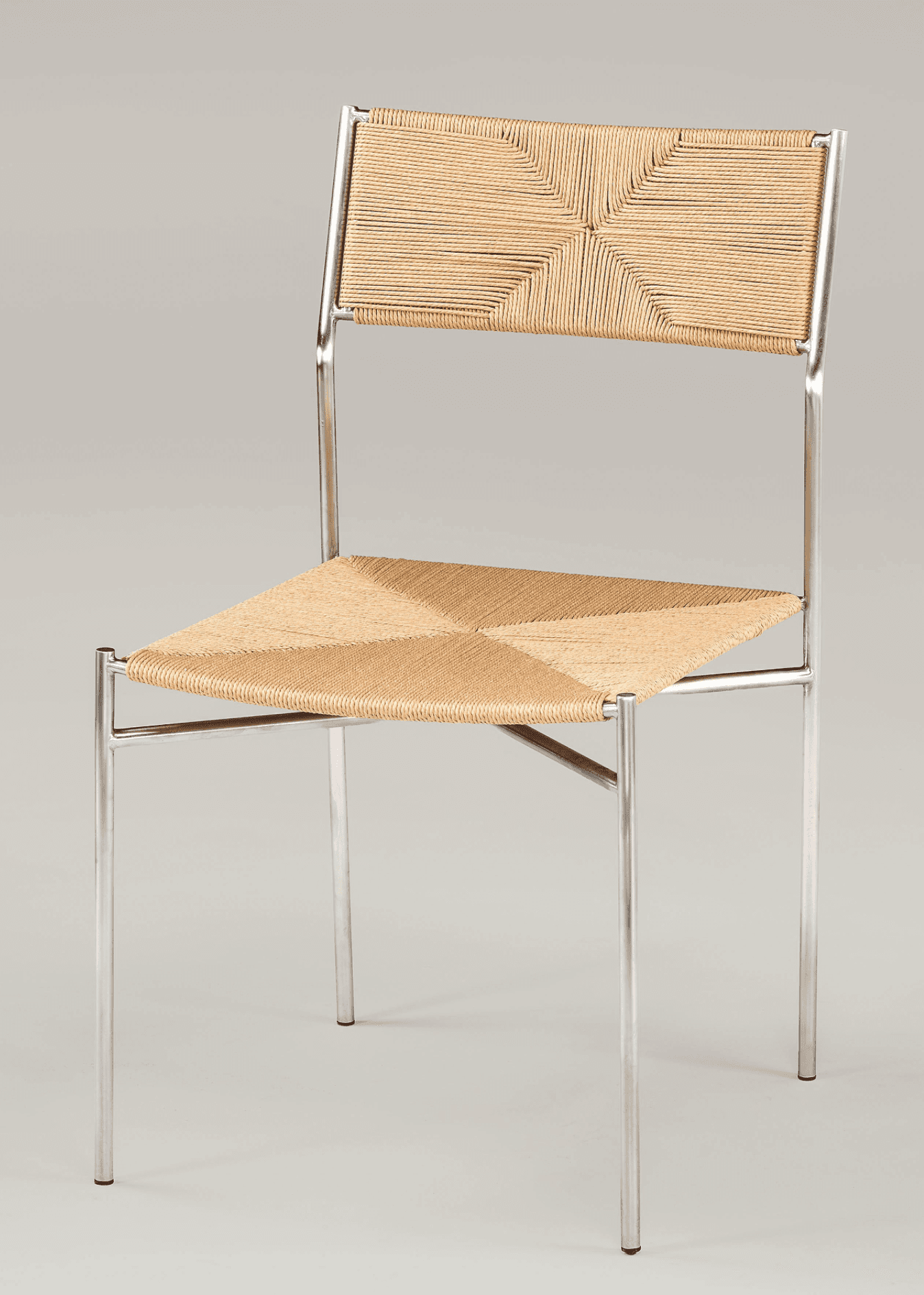 A modern chair featuring a slender, polished metal frame with a high backrest and a seat constructed… — free GLTF 3D model