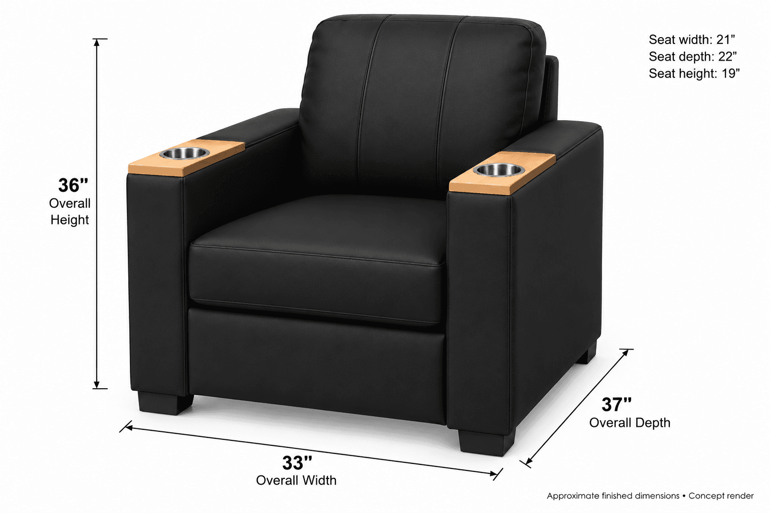 A modern black upholstered armchair featuring broad, square arms with integrated light wood inserts, each housing a circular metal cup holder. The chair has a plush seat cushion and a vertically tufted back cushion, resting on short, dark, rectangular block feet, giving it a stable and contemporary appearance. — 3D model