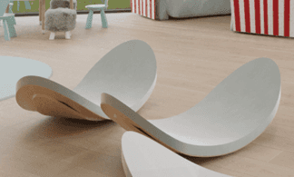 A modern, curved shelf with a light gray finish on the top and an exposed natural wood edge. The she… — 3D model