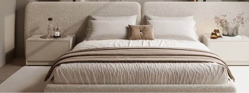 A modern upholstered platform bed featuring a low-profile design and an integrated split headboard.… — 3D model