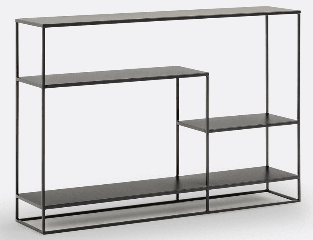 A minimalist, black metal bookshelf with an asymmetric tiered design. It features multiple open shel… — 3D model