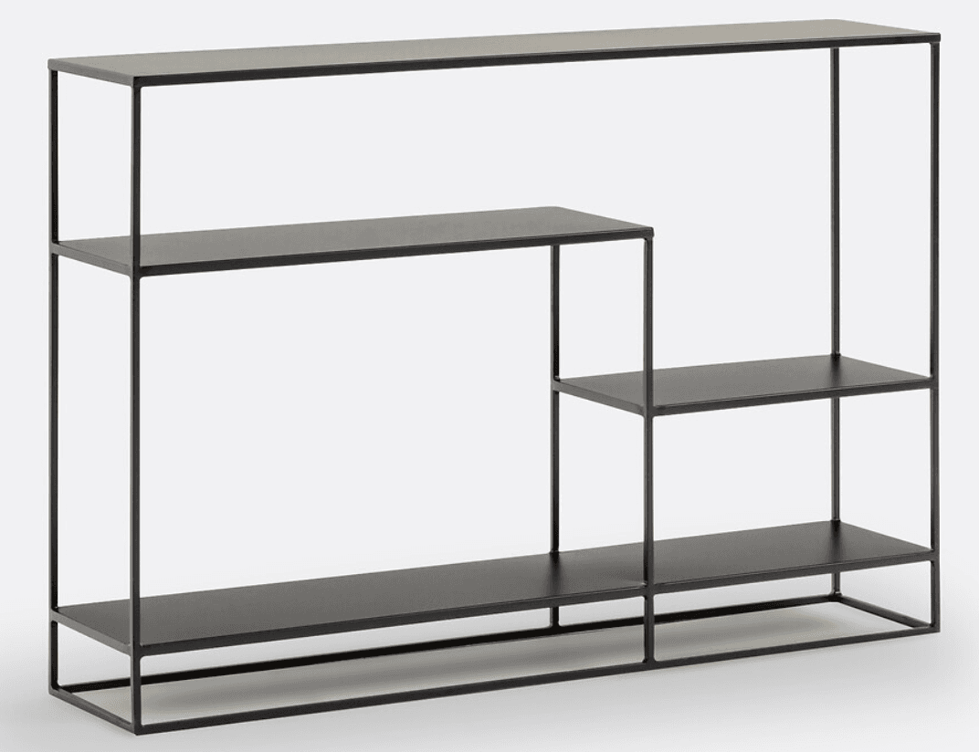 A minimalist, black metal bookshelf with an asymmetric tiered design. It features multiple open shelves of varying lengths and heights, supported by a slender frame. — 3D model