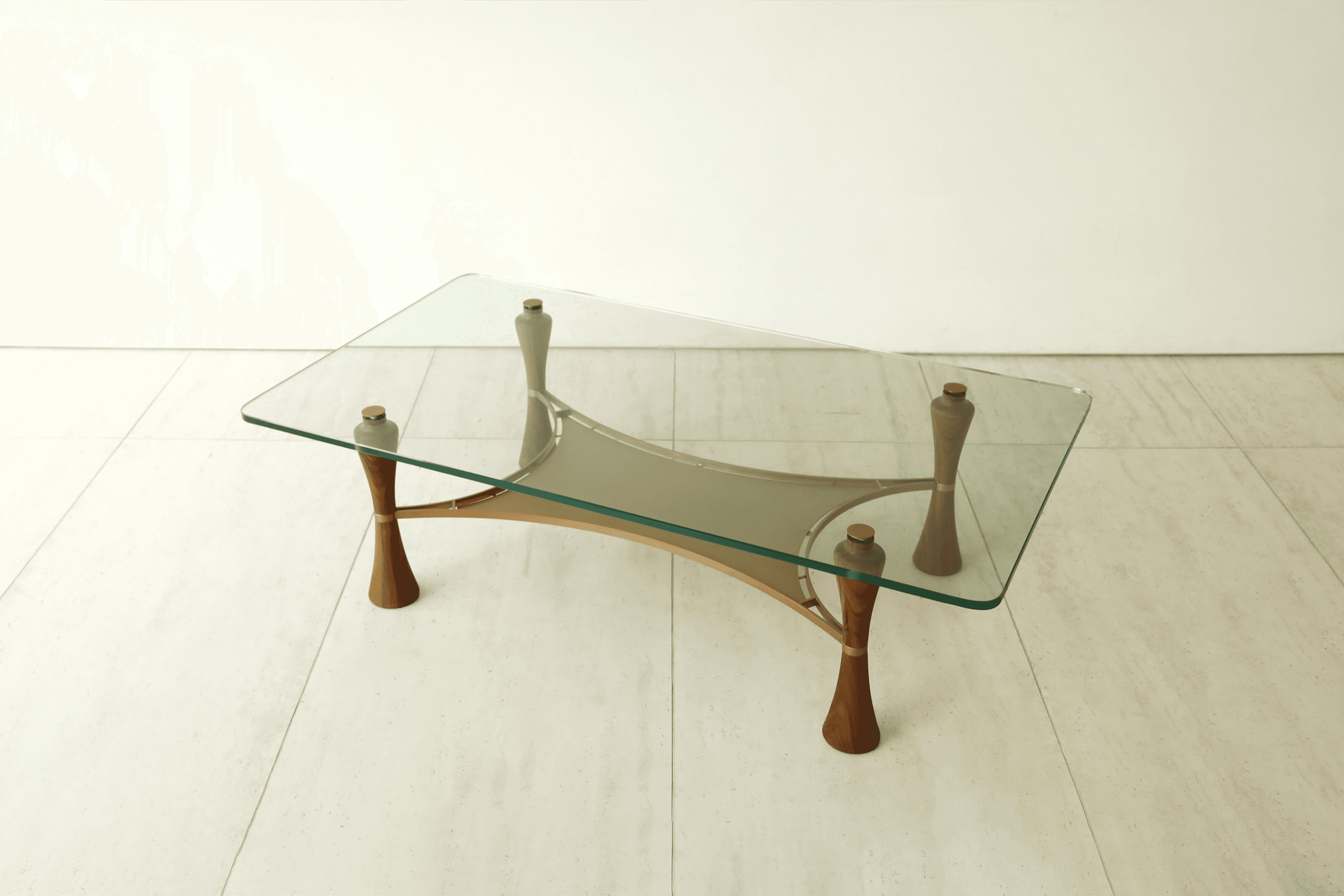 A modern coffee table featuring a rectangular clear glass top with softly rounded corners. The base consists of four sculptural, inverted-hourglass-shaped wooden legs, likely walnut, accented with brass rings. These legs support a brass frame that cradles a beige or taupe canvas sling, forming a secondary storage or display surface beneath the glass. The overall design suggests a blend of organic forms and metallic accents. — 3D model