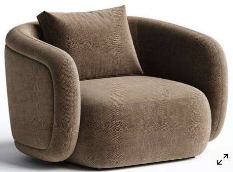 A contemporary armchair featuring a robust, rounded form, fully upholstered in a textured brown fabric. It has wide, integrated arms that curve gracefully from the back to the front, and a single, loose back cushion. — 3D model