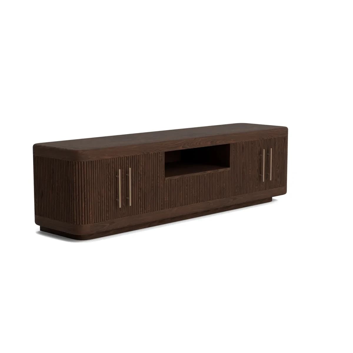 A contemporary media console crafted from dark wood, featuring a rectangular top with rounded corners. It has two reeded cabinet doors on either side, each fitted with slender brass bar handles. The central section consists of an open two-tiered shelf for media components. The entire unit rests on a subtly recessed plinth base. — 3D model