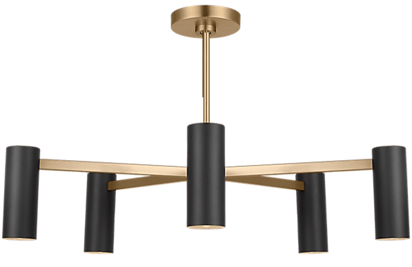 A modern chandelier featuring a central brass downrod connecting to a ceiling plate. A cross-shaped brass frame extends horizontally, supporting six black cylindrical light modules. The light modules provide downward illumination. — 3D model