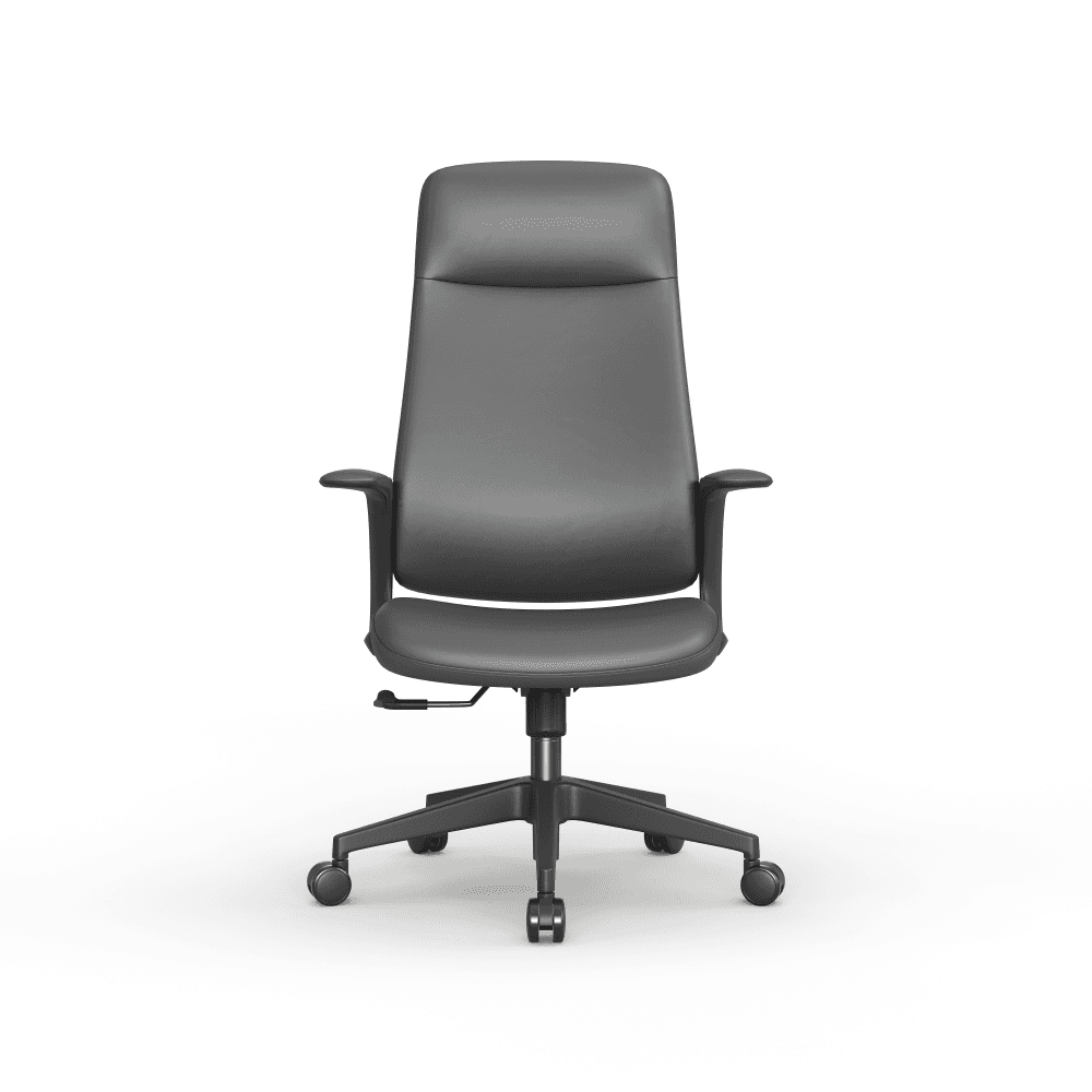 A modern high-back office chair upholstered in dark gray, featuring integrated armrests, a five-star caster base, and visible height adjustment lever. — 3D model