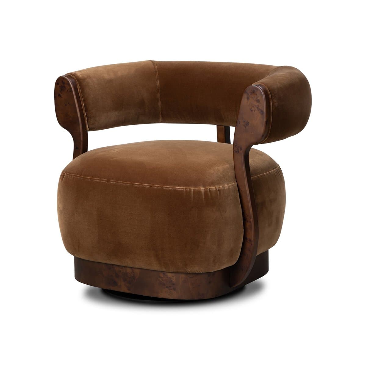 An Art Deco style swivel club chair with plush brown velvet upholstery and a visible burl wood frame. The chair features a curved, barrel-back design with integrated armrests that flow into a decorative wooden support structure. The base is also finished with burl wood veneer, concealing a swivel mechanism. The upholstery is soft and appears well-padded, suggesting comfort, and the overall form is rounded and substantial. — 3D model