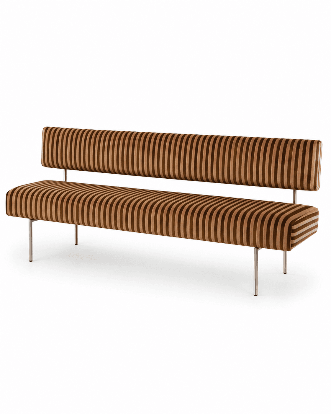 A modern bench with a low-profile backrest and a upholstered seat and back. The upholstery features a vertical striped pattern in varying shades of brown and beige. The bench is supported by four slender, cylindrical metal legs with a polished finish. — 3D model