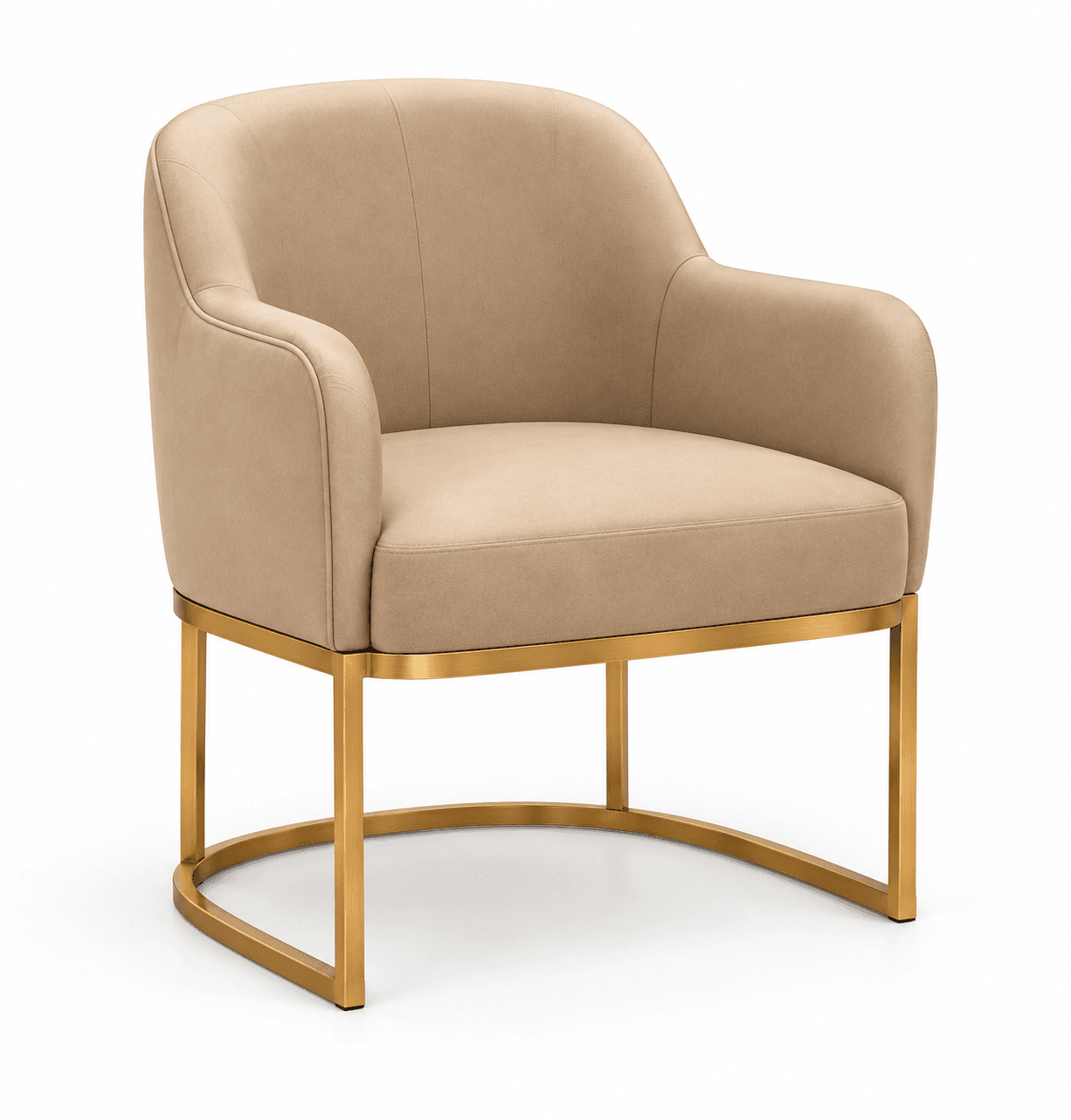 A contemporary upholstered armchair featuring a curved backrest and integrated armrests, set upon a minimalist, open-frame brass-finished metal base. — 3D model
