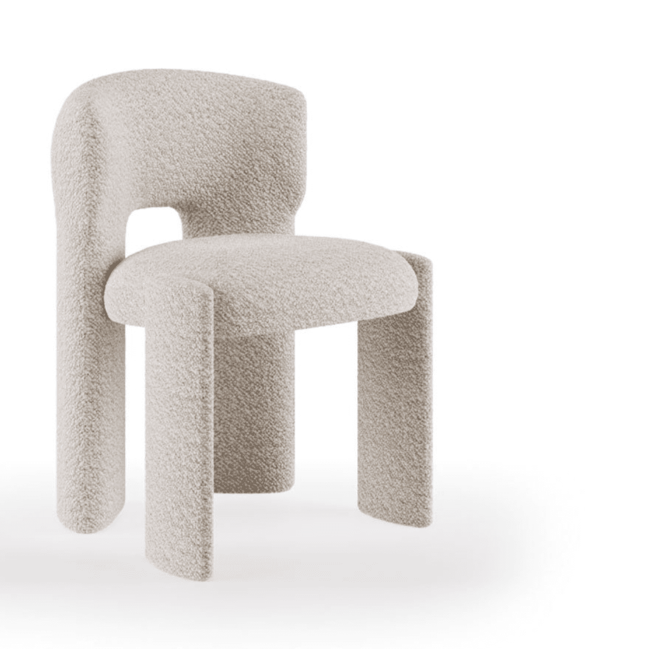 A contemporary, armless chair upholstered in light-colored boucle fabric, featuring a sculptural, ro… — 3D model