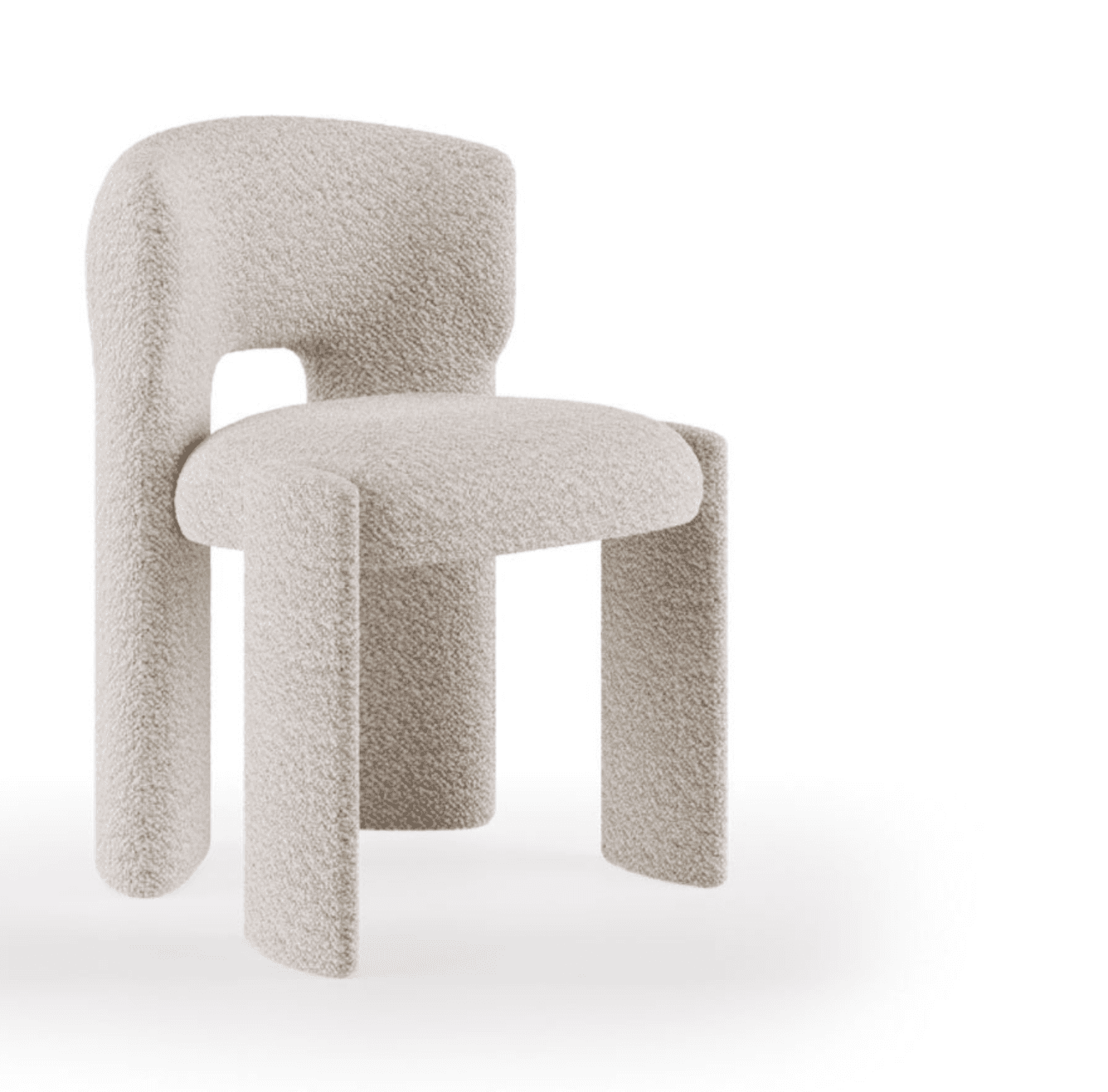A contemporary, armless chair upholstered in light-colored boucle fabric, featuring a sculptural, rounded form with integrated chunky legs and a distinct cut-out detail between the backrest and seat. — 3D model