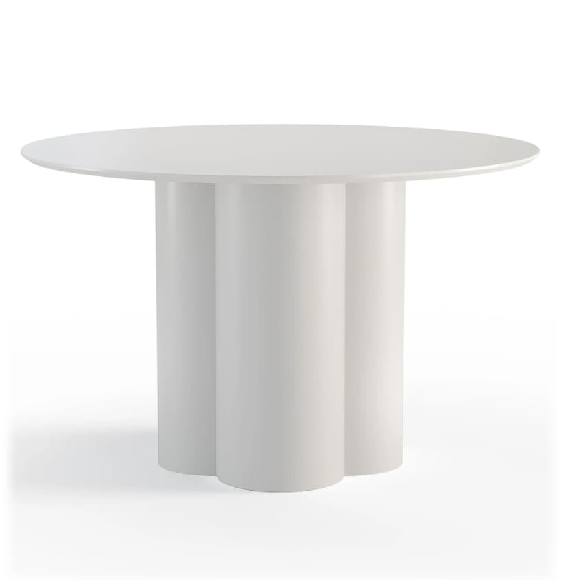 A modern, white, round dining table with a distinctive pedestal base. The base consists of three curved, cylindrical supports that meet at the top to form a single central column, flaring out slightly at the bottom to create a stable, petal-like footprint. The tabletop is circular and flat with a slightly beveled edge. The overall design is minimalist and contemporary. — 3D model