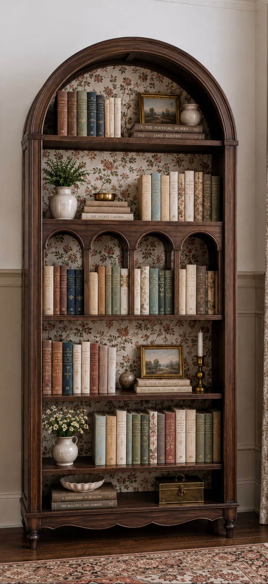 A tall, dark brown wooden bookcase featuring an arched top and a decorative floral wallpaper lining… — 3D model