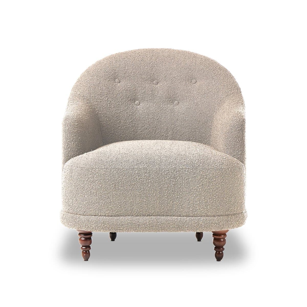 An upholstered barrel-back accent chair featuring a light-colored, textured boucle fabric, button tufting on the backrest, and four turned wooden legs. — 3D model