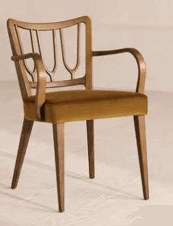 A contemporary wooden armchair featuring a mustard yellow velvet upholstered seat, a distinctive slatted backrest with a stylized central element, and curved wooden armrests. The chair is supported by four tapered wooden legs. — 3D model