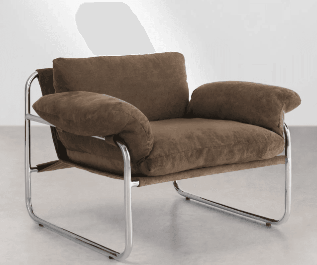 A modern lounge chair featuring a polished tubular chrome frame and plush, brown fabric cushions for the seat, back, and armrests. — 3D model